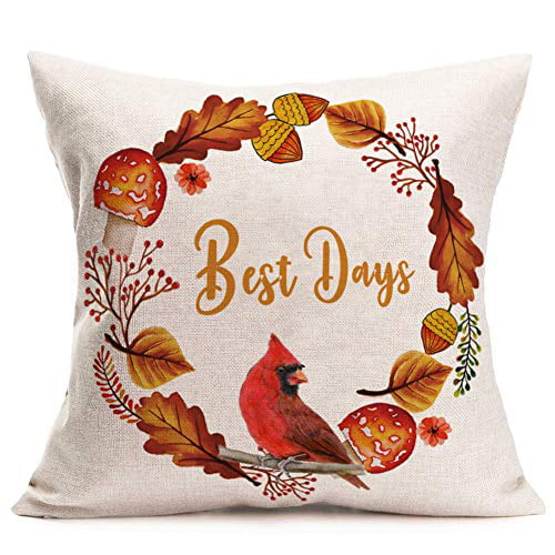 Fukeen Autumn Harvest Maple Birds Throw Pillow Cover Decorative Farmhouse Bittersweet Fall Quotes Pillow Cases Cotton Linen Seasonal Greeting Square 18x18 Inches Cushion Cover for Living Room Sofa 